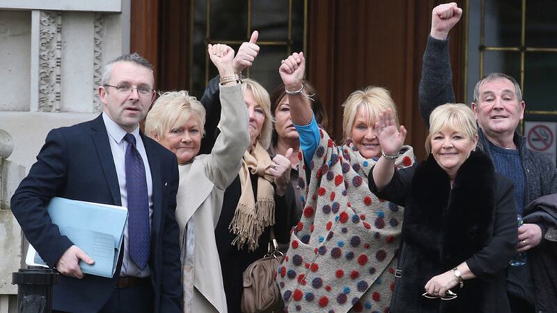 Murder victim Jean Campbell-Smyth's sisters and brother leave Belfast High Court after a landmark legacy case judgement at the Royal Courts of Justice in Belfast today where they won their right to have a re-investigation into their sister's death by a police force independent of the PSNI. Picture by Hugh Russell&nbsp;
