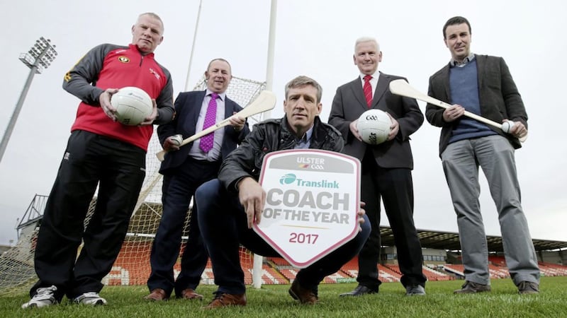 Pictured at the launch are, from left, Ulster GAA coach and former Derry star Tony Scullion, Translink service delivery manager Gerry Darcy, Armagh boss Kieran McGeeney, Ulster GAA PRO Michael Geoghegan and Irish News sports journalist Neil Loughran