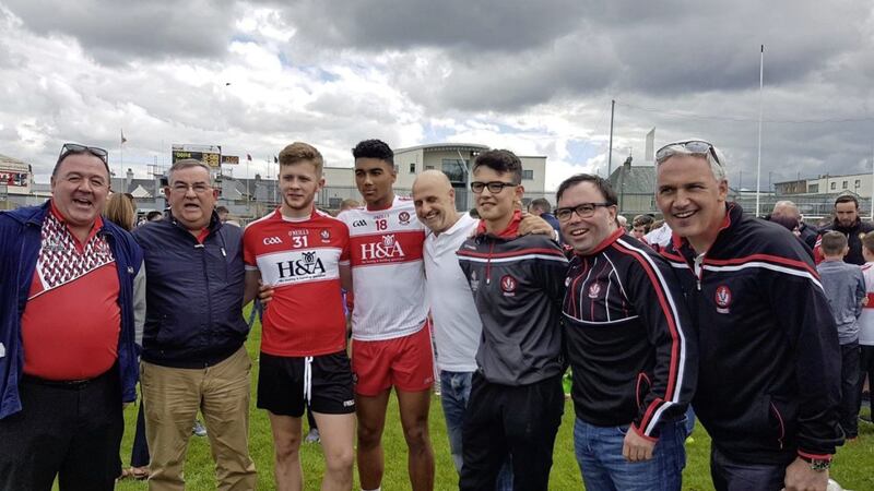 Callum Brown (fourth from left) celebrates Derry&#39;s win over Sligo in the All-Ireland Minor quarter-final in Ballybofey with fellow members of the Limavady Wolfhounds GAA club 