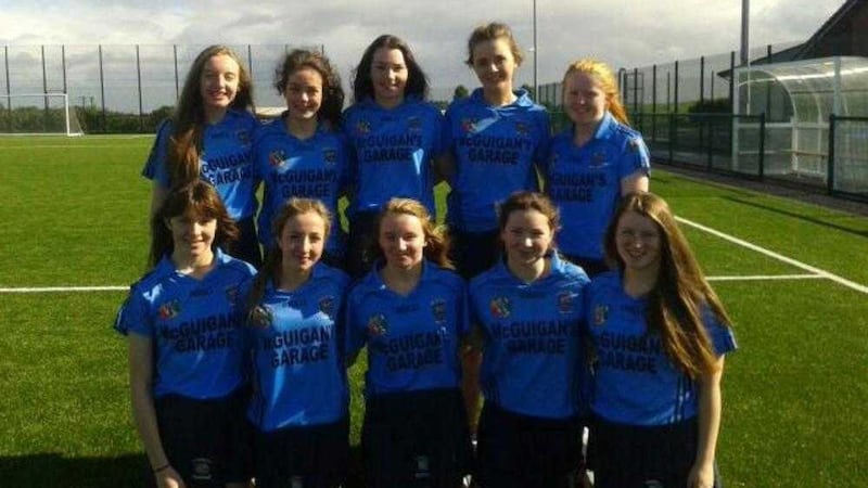 The St Paul's College, Kilrea team that won the Ulster Schools' Sevens competition last Thursday in Cookstown. They will compete in the All-Ireland Colleges' Sevens in Dublin on October 10. Back row (l-r): Kate McAllister, Shauna McCloskey, Molly Thompson, Orlagh O'Neill, Shannon Darragh; front row (l-r): Dara McGuckin (capt), Naya McNeill, Kimberley Burke, Eimear Hardy, Shannon McLaughlin