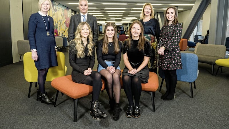 Winners (seated from left) Danielle Foster, Sarah Murray and Caoimhe Tohill with (back from left) Helen Foster, Ulster University course director; Nigel Harra, senior partner at BDO NI; Lisa McAleer, HR manager at BDO NI; and Laura Morgan, lecturer at Ulster University 