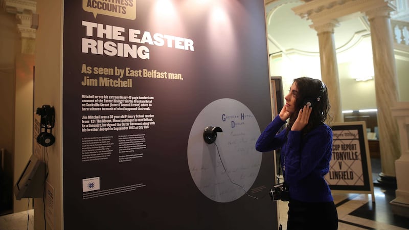 In the past week a decent attempt has begun in a Belfast City Hall exhibition space to show and tell a slice at least of 1916 in the round, the cranking up of passions from 1911-12 through the Great War, War of Independence, Partition, Civil War, the context of the Rising and Somme. Picture by Hugh Russell 