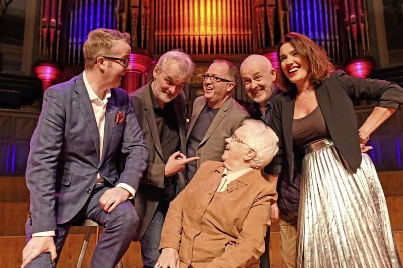 Baroness Blood at a fundraiser for the Integrated Education Fund with mentalist David Meade and comedians Tim McGarry, Neil Dougan, Colin Murphy and Wendy Wason 