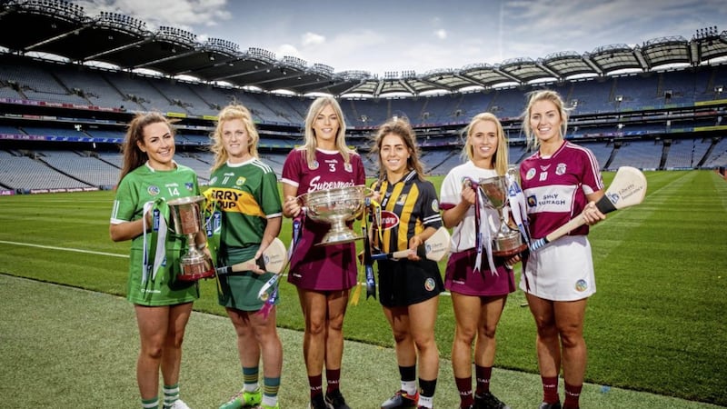 Pictured at the 2019 Liberty Insurance All-Ireland Camogie Championship finals launch on Tuesday September 3 2019 in Dublin were: from left: Grace Lee (Limerick), Laura Collins (Kerry), Sarah Dervan (Galway), Meighan Farrell (Kilkenny), Laura Ward (Galway) and Mairead McCormack (Westmeath). Picture by &copy;INPHO/Ryan Byrne 