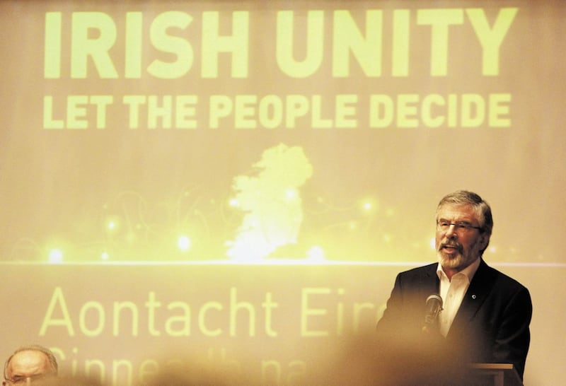 Sinn Fein President Gerry Adams delivers a key not speech at the Regency Hotel in Dublin today where he called on the Irish and British governments to set a date for a border poll and let the people of Northern Ireland vote on a united Ireland. 