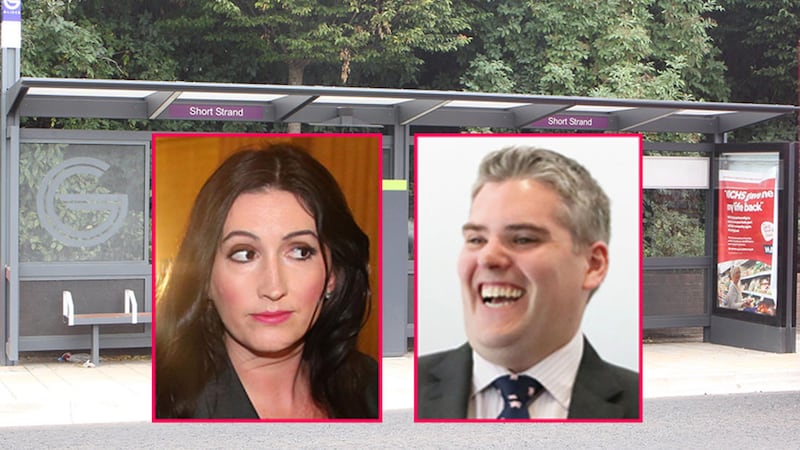 The 'Short Strand' Glider bus stop in east Belfast, and inset, DUP MPs Gavin Robinson and Emma Little-Pengelly