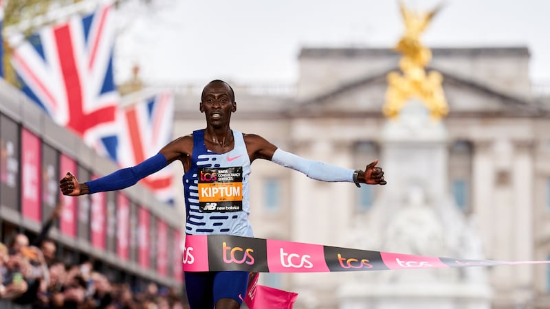 Kelvin Kiptum winning the men’s London Marathon in 2023 in a course record of two hours, one minute and 25 seconds