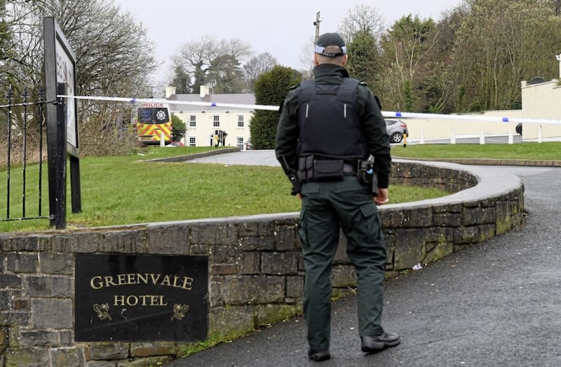 Police at the scene of the Greenvale hotel in Cookstown yesterday morning. Three teenagers died after being crushed at a St Patrick&#39;s Day disco 