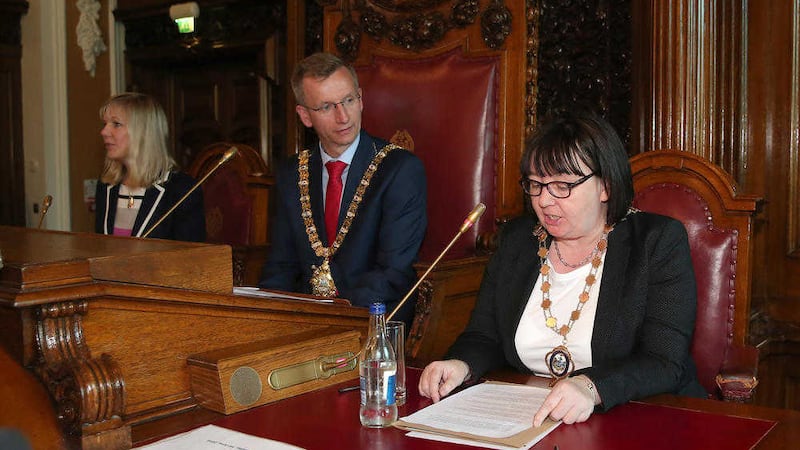 New Belfast Lord Mayor Brian Kingston with Deputy Lord Mayor Mary Ellen Campbell (right) and council chief executive Suzanne Wylie 