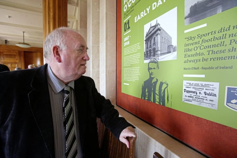 Fra McCann of Sinn Fein at the exhibition to former Belfast Celtic player Patrick O&#39;Connell. Picture by Mal McCann 