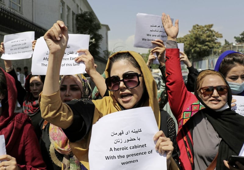 Women gather to demand their rights under the Taliban rule during a protest in Kabul, Afghanistan. Picture by AP Photo/Wali Sabawoon. 