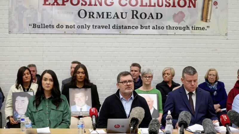 Families of those killed by loyalist paramilitaries in the 1990s in south Belfast gather at a press conference following the release this week of a Police Ombudsman report which highlighted collusion in the deaths. Picture by Mal McCann. 