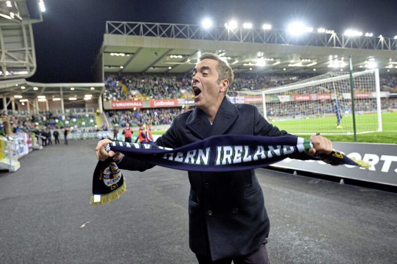 Jimmy Nesbitt celebrating as Northern Ireland beat San Marino in a World Cup qualifier<br />&nbsp;