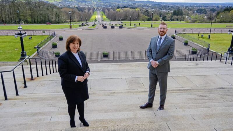 Economy Minister Diane Dodds with PAC Group business development director Darren Leslie outside Stormont. Picture: Francine Montgomery / Excalibur Press 