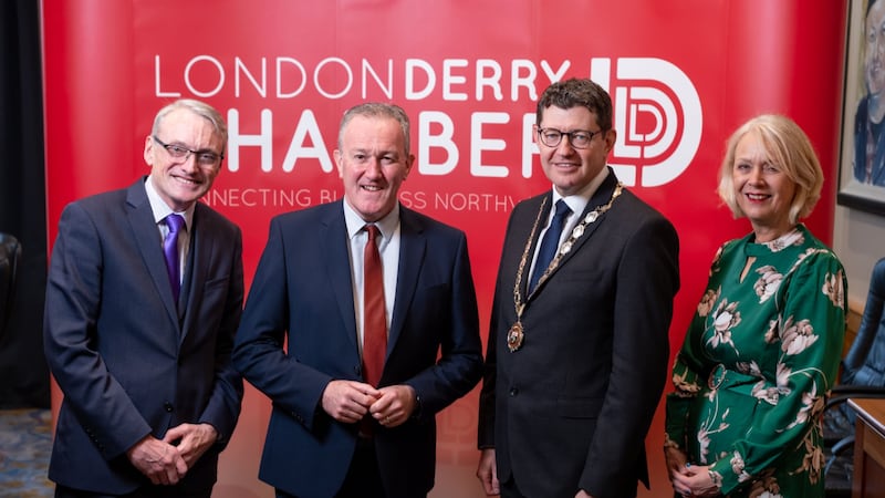 L-R: Hubert O’Donoghue, AIB (event sponsor); economy minister Conor Murphy; chamber president Greg McCann; and Derry Chamber chief executive, Anna Doherty.