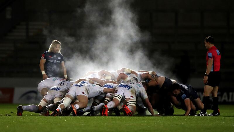PIC OF THE PACK: In the cold of the February evening air, steam rises off the players in a scrum during the Gallagher Premiership match between Sale Sharks and Exeter Chiefs at the AJ Bell Stadium, Barton-upon-Irwell.<br />Picture date: Friday February 26, 2021. Picture by Martin Rickett/PA Wire.