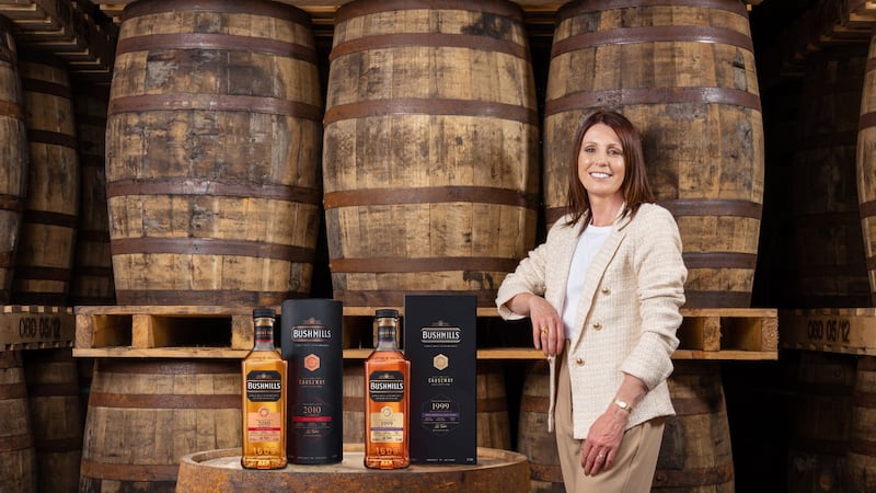 Bushmills Master Blender Alex Thomas with the two Ireland-only expressions for the 2023 Causeway Collection.