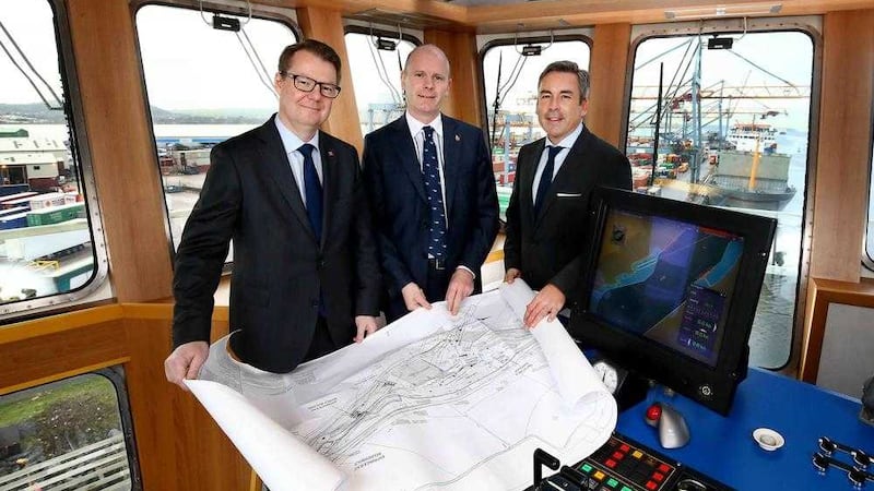 Stena Line chief operating officer Hans Nilsson (left) joins Belfast Harbour commercial director Joe O&rsquo;Neill and Stena Line route manager (Irish Sea North) Paul Grant to mark the 20th anniversary of the ferry company&rsquo;s Belfast operations 