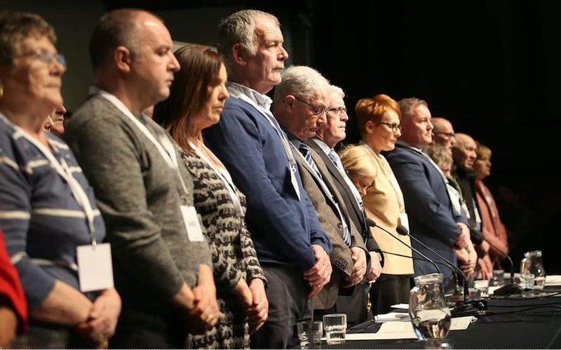 &nbsp;A minute's silence is held by the families of those killed and injured on Bloody Sunday at a press conference in the Guild Hall in Derry. Picture by Margaret McLaughlin