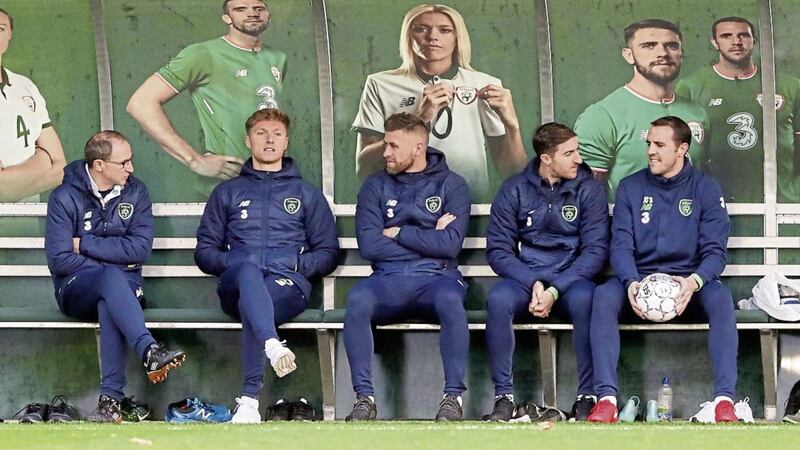 Jeff Hendrick (second from left) trained yesterday ahead of Republic of Ireland&#39;s World Cup qualifying play-off first leg against Denmark on Saturday 