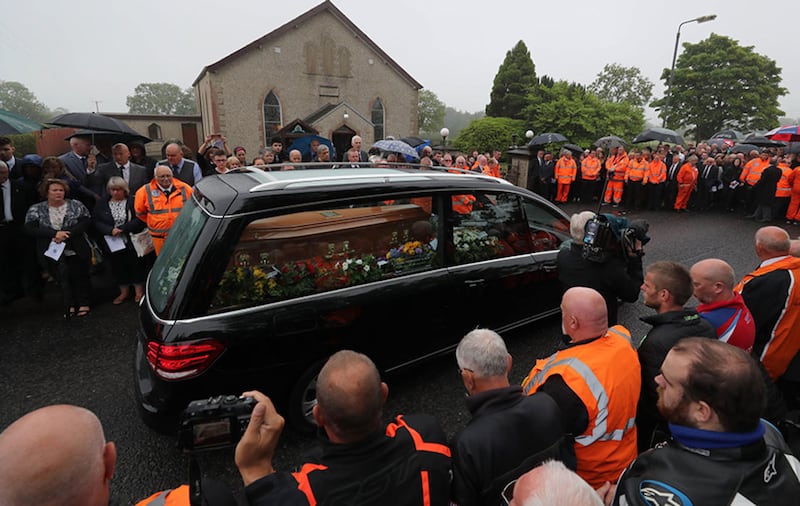 Hundreds of mourners line the route as the funeral of Road Racing champion William Dunlop takes place at at Garryduff Presbyterian Church, Ballymoney after he died in a crash during practice for the Skerries 100 in County Dublin&nbsp;