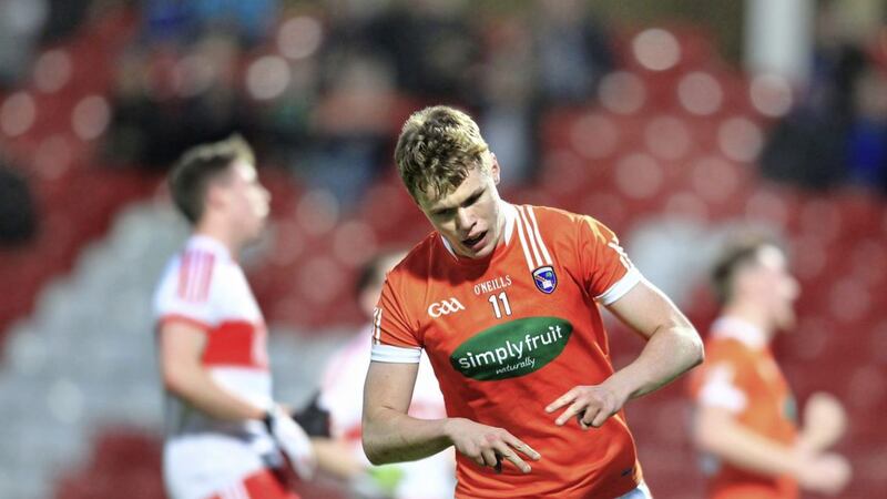 Oisin O'Neill of Armagh celebrates his goal against Derry during last night's game <br />Picture by Margaret McLaughlin