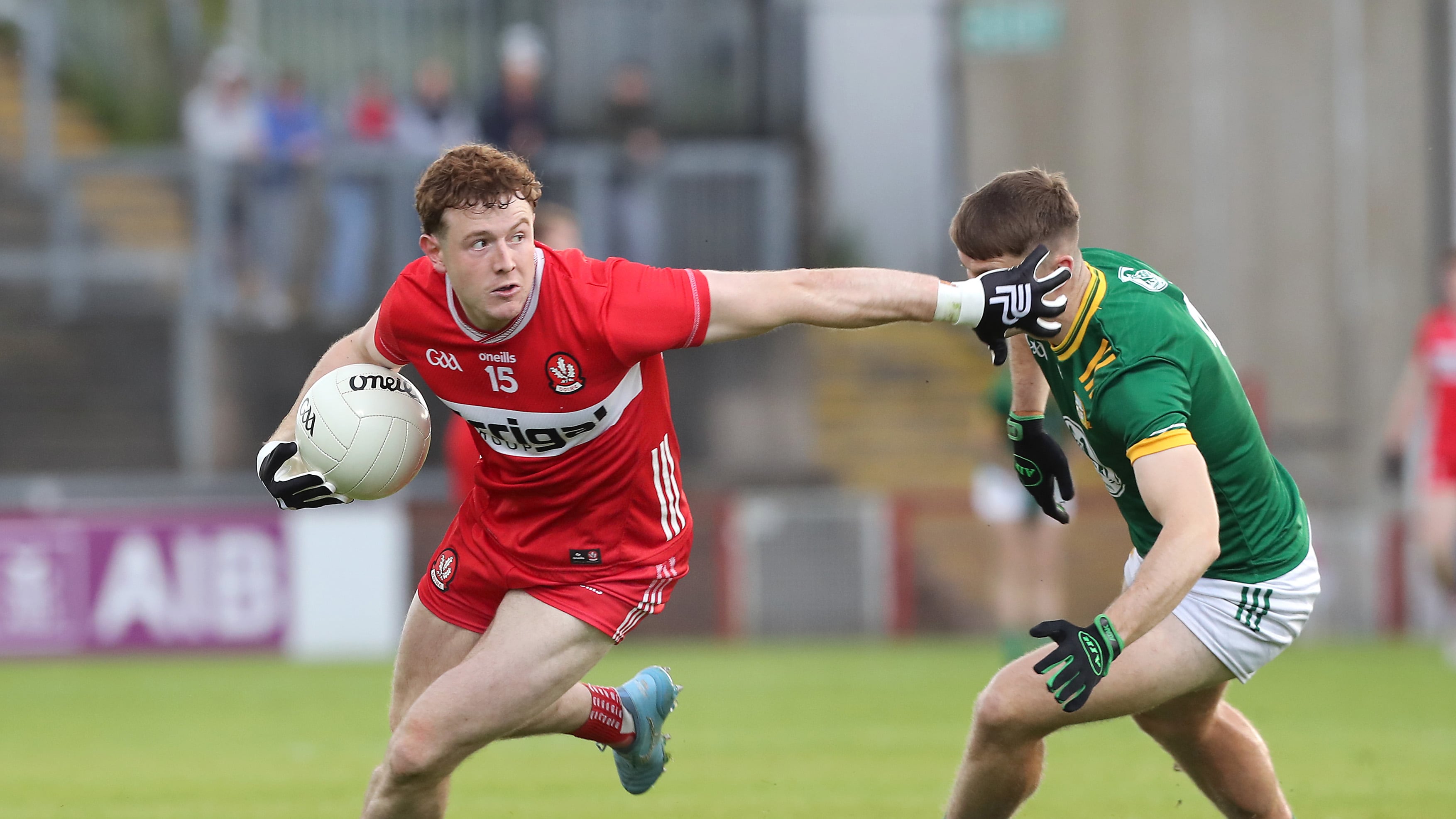 Derry's Lachlan Murray with Sean Rafferty of Meath during the All Ireland Senior Football Championship match played at Celtic Park, Derry on Saturday 13th of June 2026.