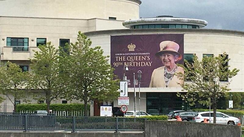 A large picture of the Queen erected at the civic centre building in Lisburn 