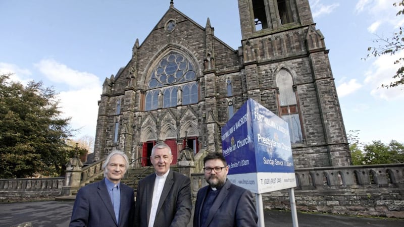 (L-R) Convenor of vacancy Rev Ken Doherty, Moderator Rt Rev Dr Charles McMillan and Moderator of North Belfast Presbytery, Rev David Clawson pictured after the Final Service of Thanksgiving at Fortwilliam &amp; Macrory Presbyterian Church, north Belfast yesterday. Picture by Ann McManus 
