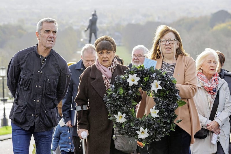 Actor James Nesbitt (left), a patron of the WAVE Trauma Centre and long time friend and supporter of the Families of the Disappeared, walking with Joe Lynskey's niece Maria Lynskey (centre) and Columba McVeigh's sister Dympna Kerr (right) during the 17th annual All Souls Silent Walk for the Disappeared at Stormont