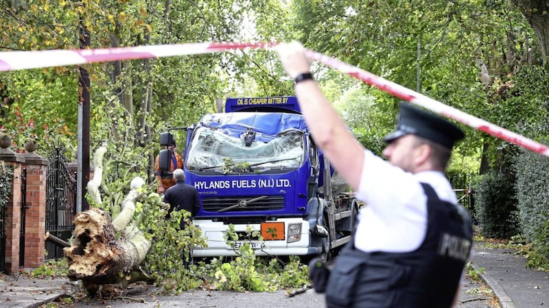 Last month&#39;s Storm Ali caused havoc in the north, with an oil delivery driver having a lucky escape when a tree fell on his truck in south Belfast. Photo: Mal McCann 