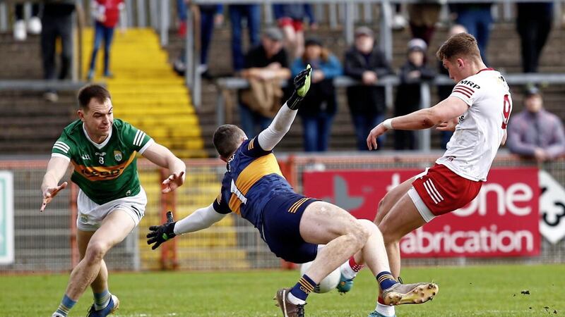 Tyrone&#39;s Conn Kilpatrick has his goal chance saved by Kerry&#39;s Shane Ryan during the Allianz Football League Division one game between Tyrone and Kerry on 03-05-2023 at Healy Park Omagh. Pic Philip Walsh 