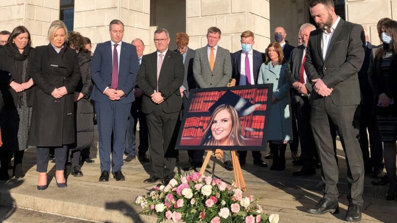 MLAs and MPs take part in a silent vigil on the steps of Parliament Buildings, Stormont, for Ashling Murphy who was found dead after going for a run in Co Offaly. Picture by David Young/PA Wire&nbsp;