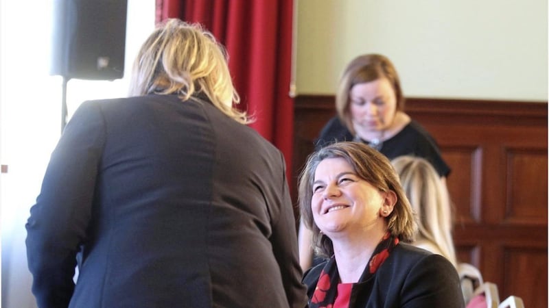 Karen Bradley greeting DUP leader Arlene Foster at the announcement of a new shipbuilding project in Belfast Harbour yesterday. Picture by Hugh Russell 