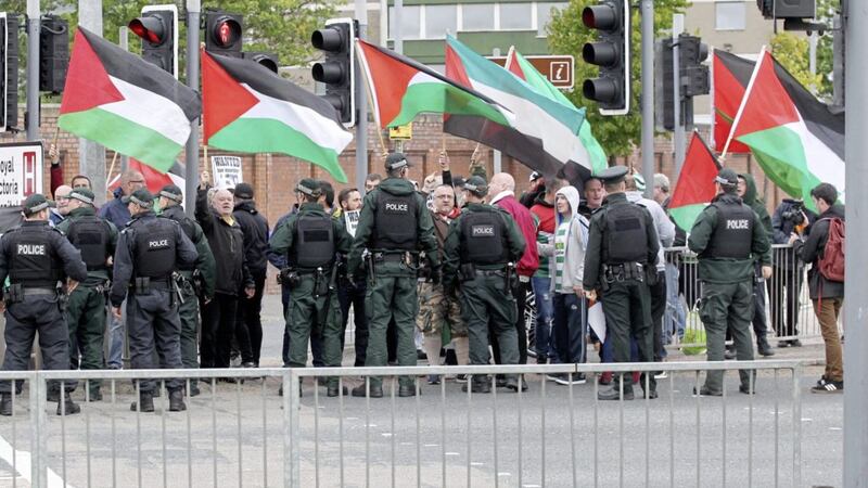 A protest at the Northern Ireland soccer game against Israel took place in Belfast on Tuesday night. Picture by Philip Walsh