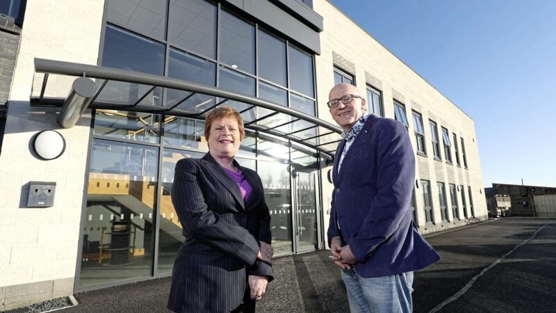 Invest NI director Vicky Kell with Andy Wallace of the Robot Exchange. Photo: Kelvin Boyes/PressEye 