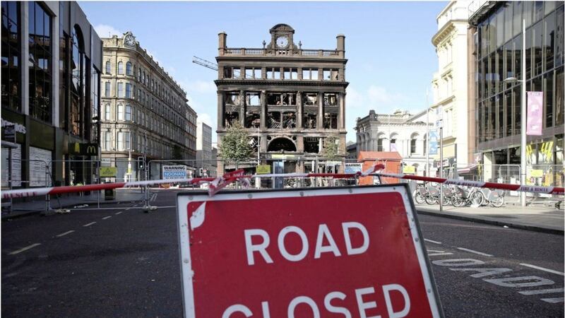 The cordon around Bank Buildings in Belfast city centre is to remain in place through Christmas. Picture by Hugh Russell 