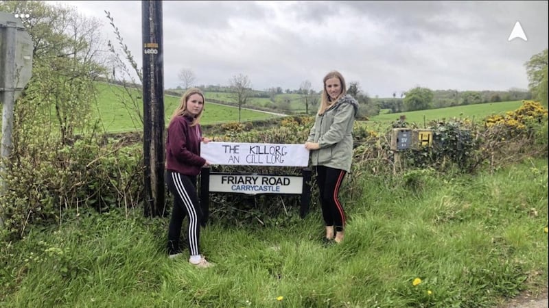 Una McGeown and Tyrone AOH member Catherine Sewell want authorities to revert to the traditional Irish name of a road at Brantry in Co Tyrone   
