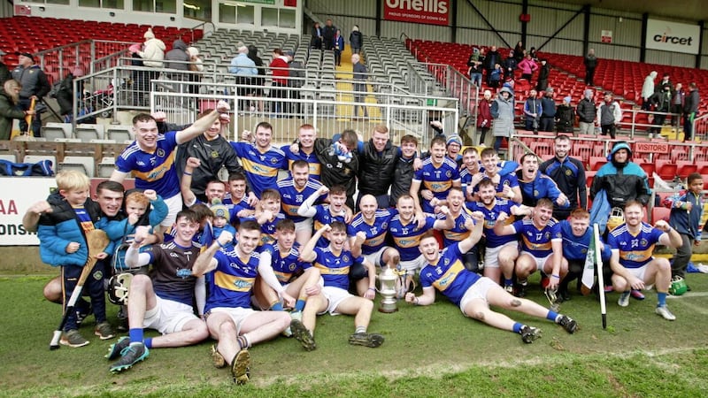The Portaferry players celebrate with the Jeremiah McVeagh Cup after yesterday&#39;s Down SHC final win over Ballycran in Newry. Picture by Philip Walsh 
