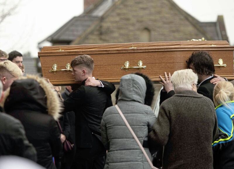 The funeral of Morgan Barnard takes place in the town of Dungannon, Co Tyrone. The teenager was killed along with two other teenagers Connor Currie and Lauren Bullock during an incident outside a hotel in Cookstown. Picture Mark Marlow. 
