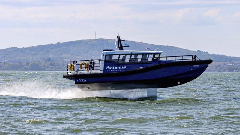 The 100 per cent electric, high-speed foiling prototype &lsquo;Pioneer of Belfast&rsquo; on Belfast Lough. 