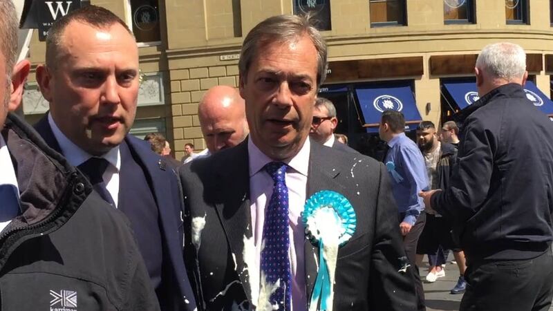 The Brexit Party leader is the latest politician to be doused in milkshake after Ukip candidate Carl Benjamin and independent Tommy Robinson.