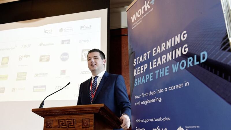ICE Regional Director Richard Kirk addresses Work+ apprentices at a celebration event at Stormont in December 2016. Photo by Michael Cooper 