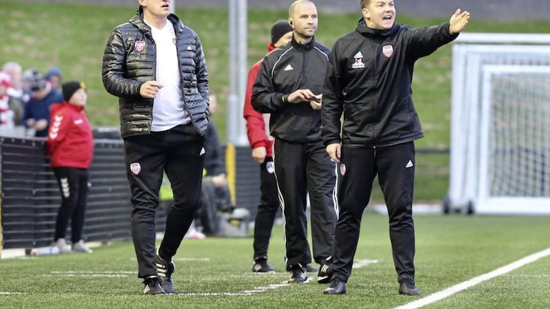 Derry City manager Declan Devine and assistant Kevin Deery on the line against Cork City at the Brandywell on Friday April 26 2019. Picture by Margaret McLaughlin 