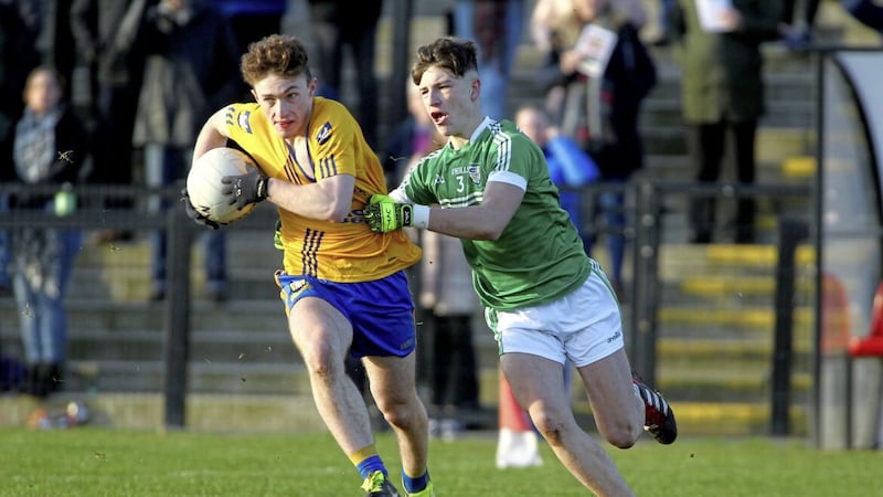 15/12/2019  Enniskillen Gaels  Conor Love   in action with   Cargins   Sean Og Quinn   in yesterdays FonaCab Ulster Minor Fooball Championship Game at St Pauls Belfast  Picture Seamus Loughran 