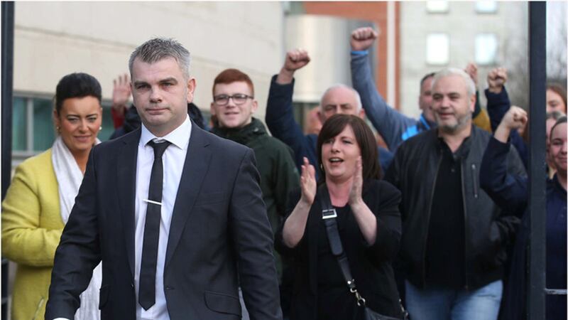 &nbsp;Gerard Scannell (front) leaving court after being acquitted surrounded by supporters&nbsp;