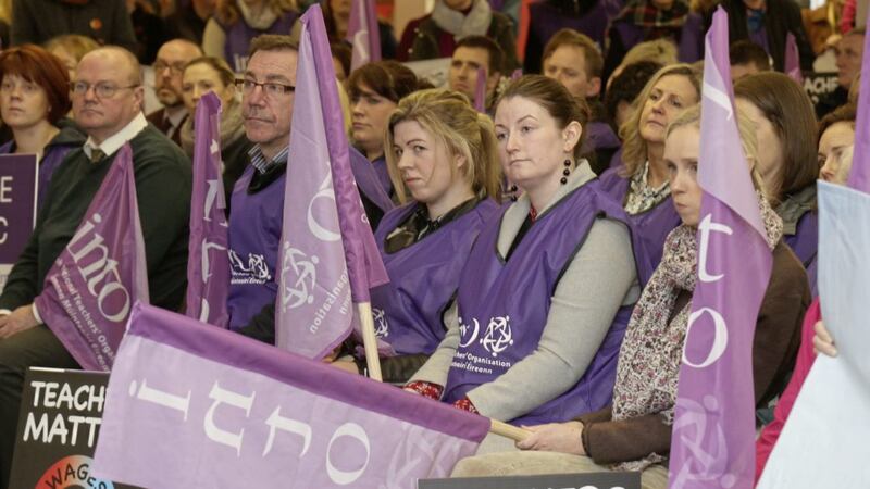 Teachers belonging to the INTO union during their first half-day strike in January 