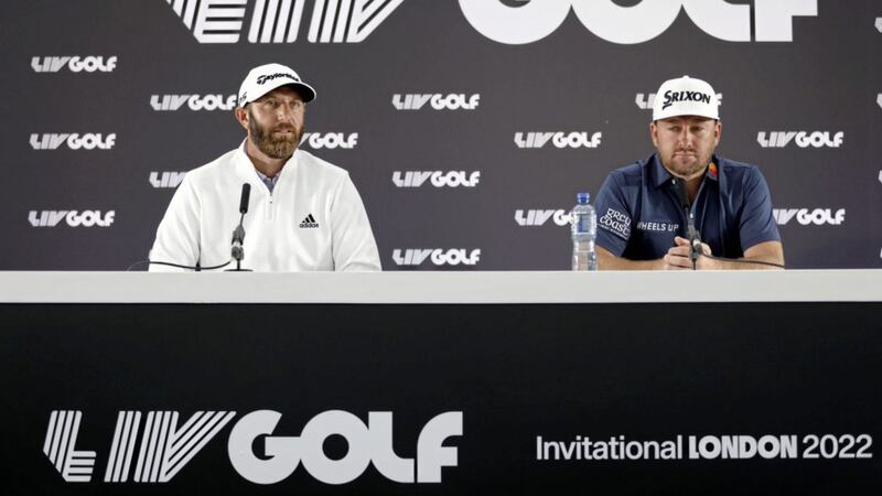 Dustin Johnson, (left) and Graeme McDowell during a press conference at the Centurion Club, Hertfordshire ahead of the LIV Golf Invitational Series. The players who have signed up to the series are being paid huge amounts from Saudi coffers but have come in for massive criticism due to the country&rsquo;s human rights record. Picture by PA 
