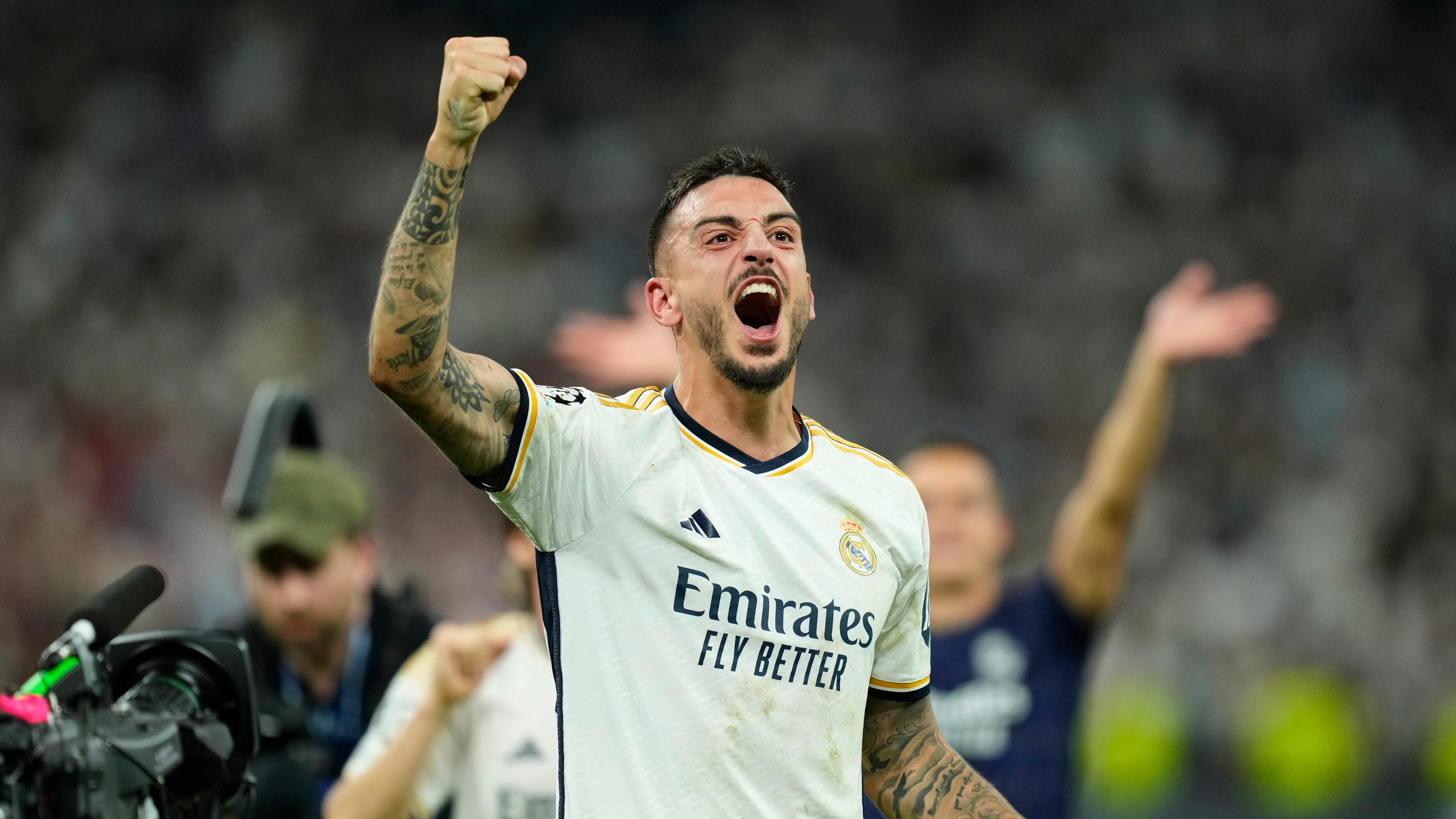 Joselu celebrates after his two-goal show against Bayern Munich sent Real Madrid through to the Champions League final (Jose Breton/AP)