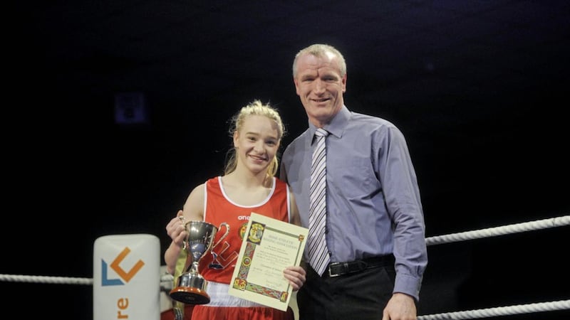 Dundalk lightweight Amy Broadhurst, pictured with IABA national secretary Paddy Gallagher, has her sights set on the Paris Olympic Games in 2024 as she recovers from a wrist operation last year. Picture by Mark Marlow 